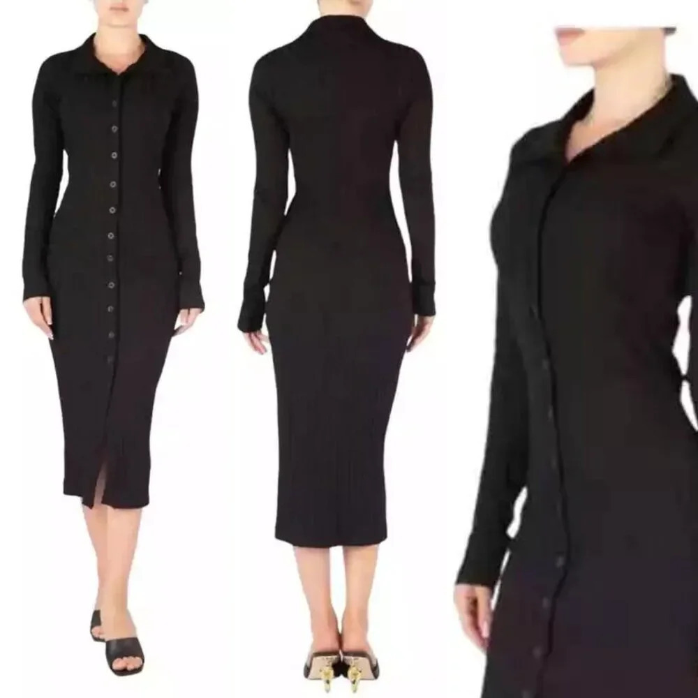 GOOD AMERICAN Black Wide Rib Knit Button Down Midi Dress 22305